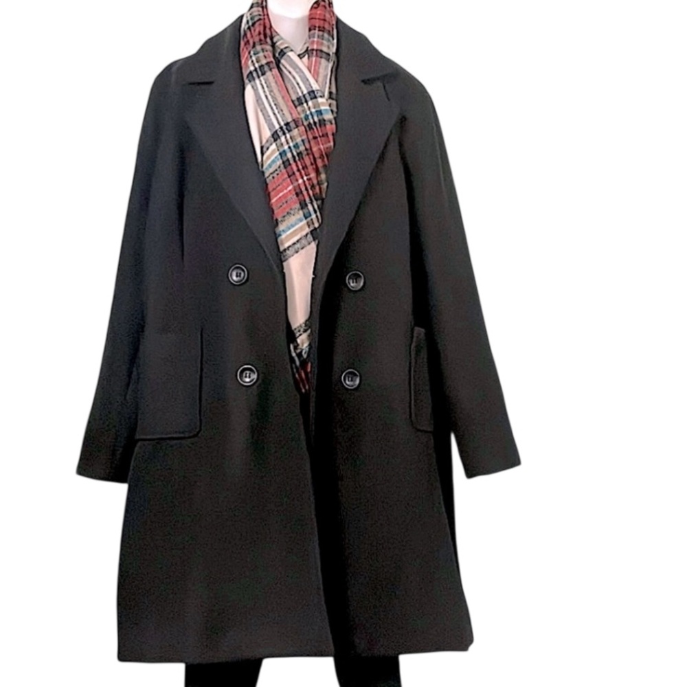 Black Double Breasted Women’s Wool Blend Winter Trench Mid Length Pea Coat XXL